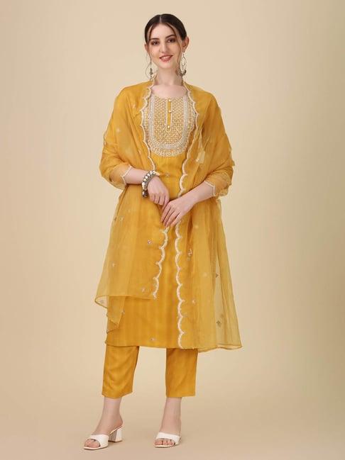 berrylicious yellow rayon embroidered kurta with pants & dupatta