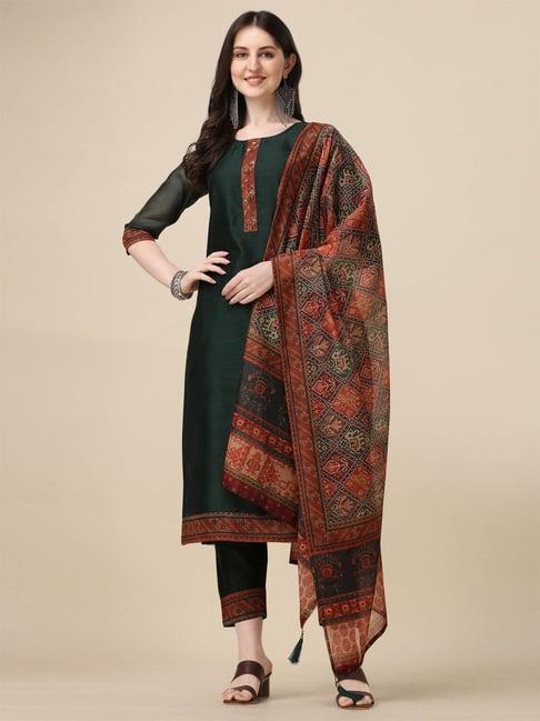 berrylicious green chanderi embroidered kurta with pants & dupatta