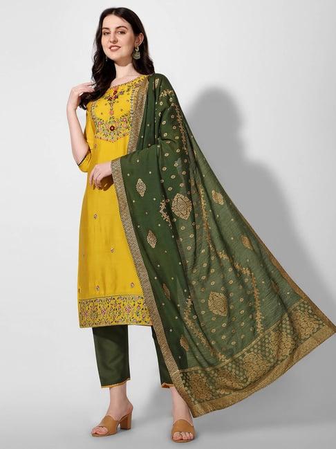 berrylicious mustard & green chanderi embroidered kurta with pants & dupatta