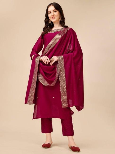 berrylicious pink chanderi embroidered kurta with pants & dupatta