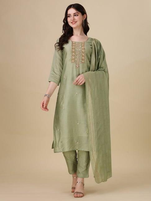 berrylicious green chanderi embroidered kurta with pants & dupatta