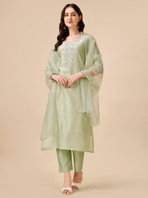 berrylicious light green chanderi embroidered kurta with pants & dupatta