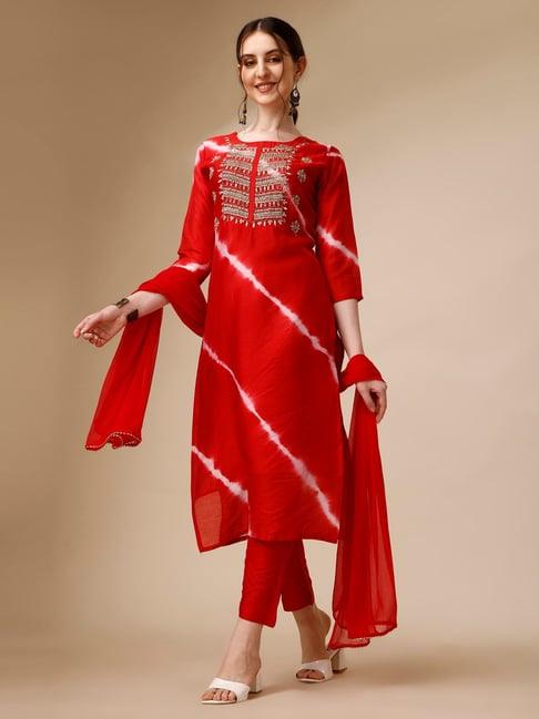 berrylicious red chanderi embroidered kurta with pants & dupatta