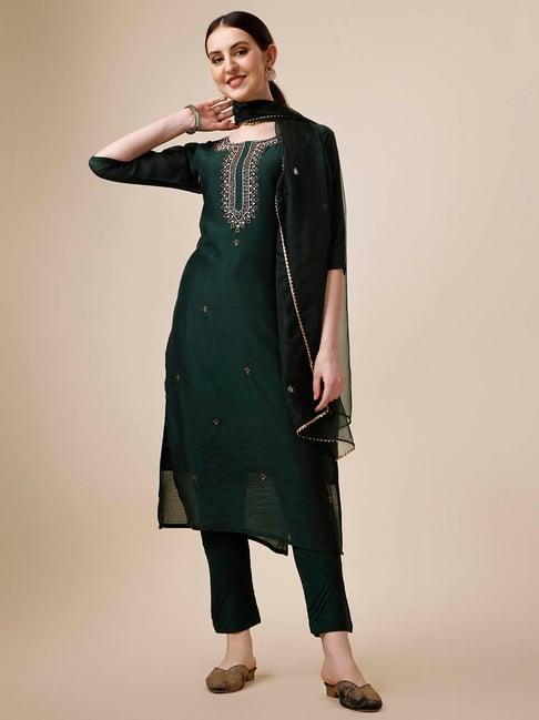 berrylicious green chanderi embroidered kurta with pants & dupatta