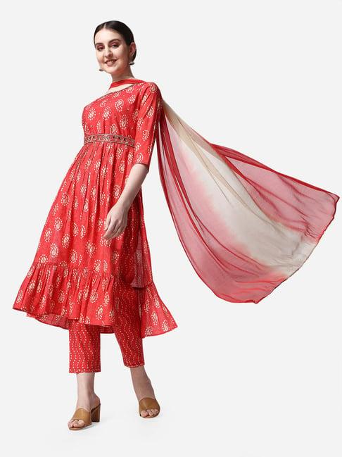 berrylicious red chanderi printed kurta with pants & dupatta