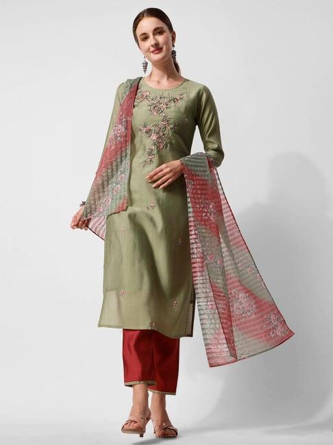 berrylicious green & red chanderi embroidered kurta with pants & dupatta