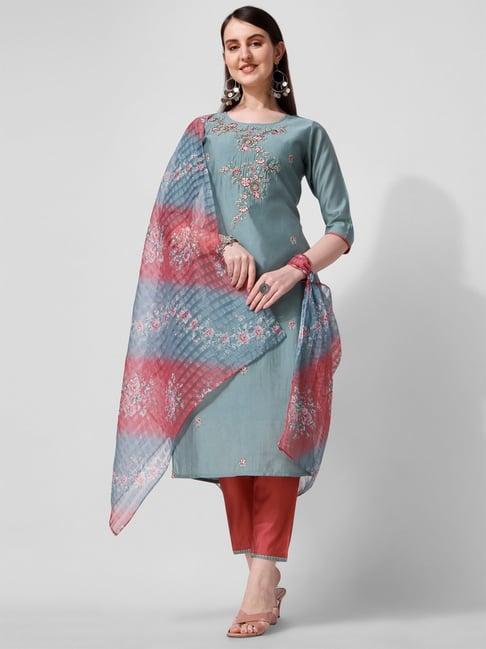 berrylicious blue & red chanderi embroidered kurta with pants & dupatta