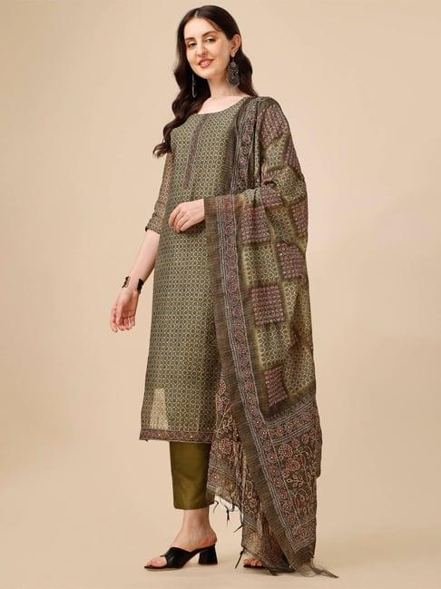 berrylicious green chanderi printed kurta with pants & dupatta