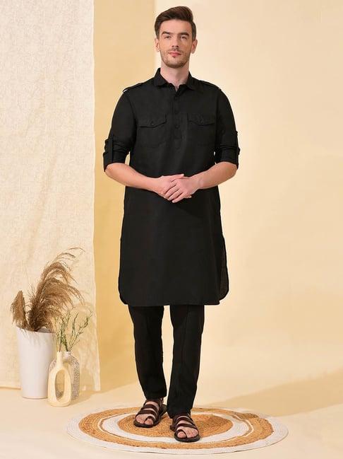 hangup black regular fit pathani kurta & pyjamas set