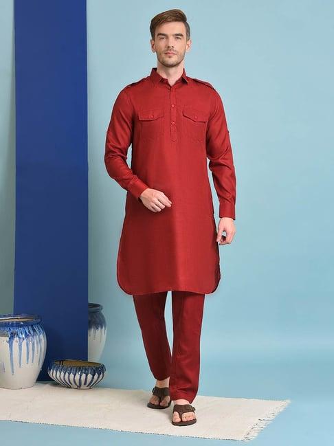 hangup maroon regular fit pathani kurta & pyjamas set