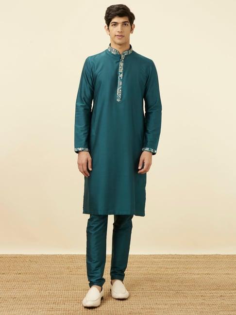 manyavar teal regular fit kurta & pyjamas set