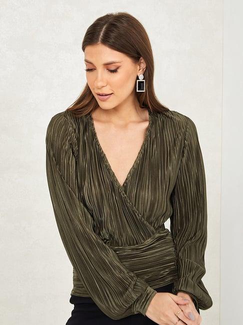 styli metallic pleated wrap front top with fitted waistband