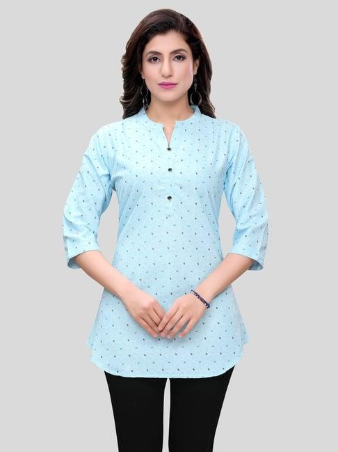 saree swarg sky blue printed a line short kurti