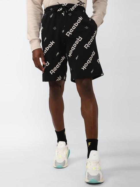 reebok black cotton regular fit printed shorts