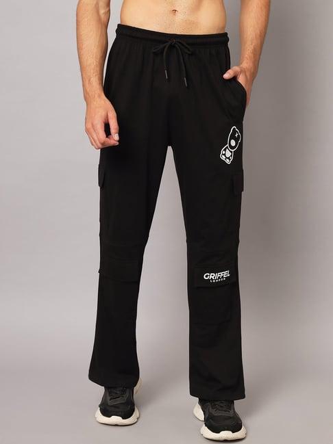 griffel black relaxed fit printed bell bottom trackpants