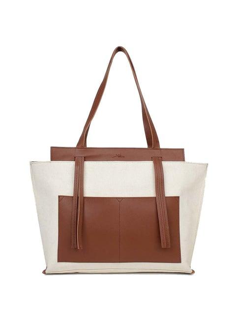 yelloe off white & tan solid large tote handbag