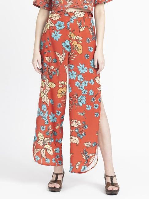 shaye orange floral print side slit pants