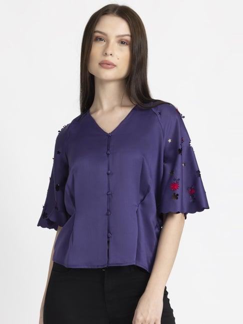 shaye purple cut work collarless shirt