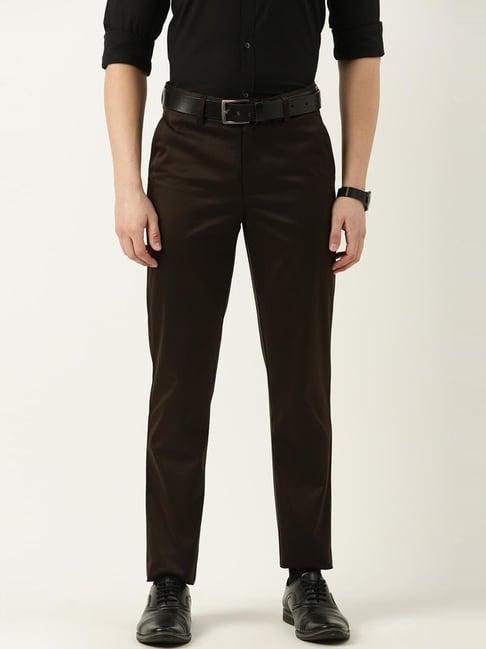 peter england casuals brown slim fit trousers