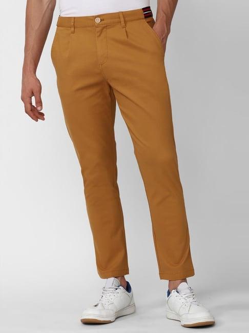 peter england casuals yellow cotton regular fit trousers