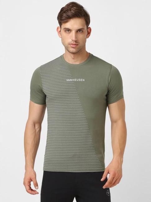 v dot olive cotton slim fit printed t-shirt