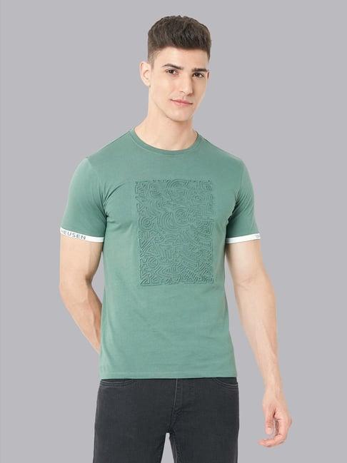 v dot green cotton slim fit printed t-shirt