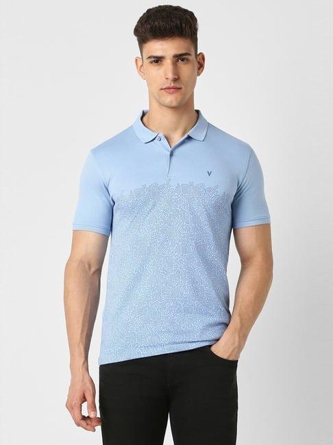 v dot blue cotton slim fit printed polo t-shirt