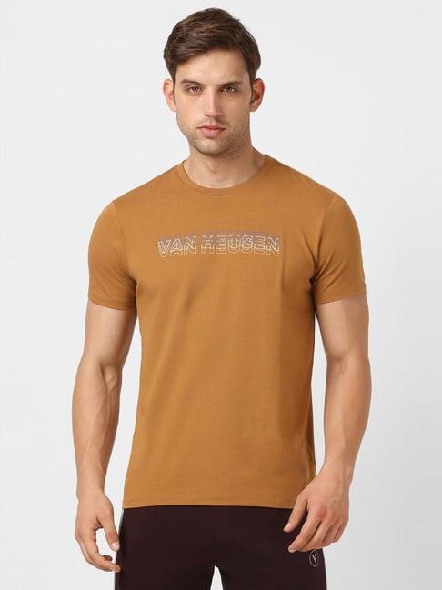 van heusen denim labs brown cotton regular fit printed t-shirt