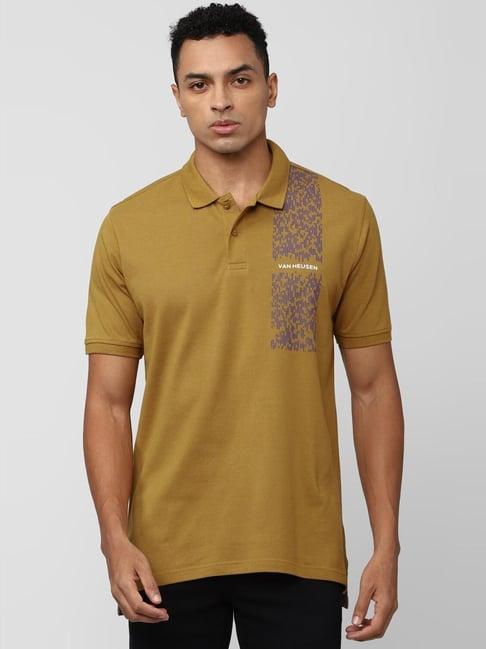 van heusen denim labs brown cotton regular fit printed polo t-shirt