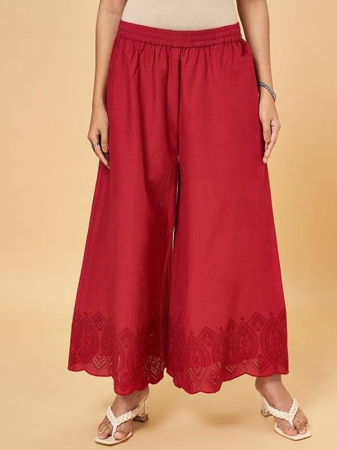 rangmanch by pantaloons maroon cotton embroidered palazzos