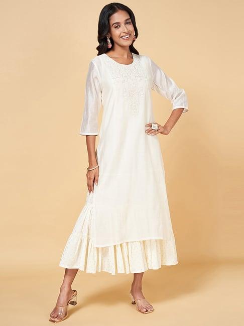 rangmanch by pantaloons off-white embroidered a-line double layered dress