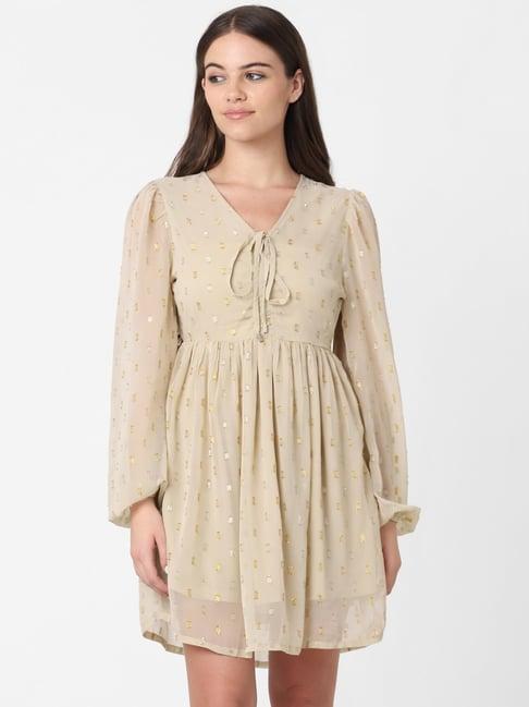 only beige cotton self design dobby fit & flare dress