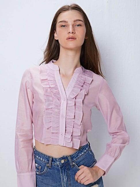 cover story light purple crop ruffled shirt