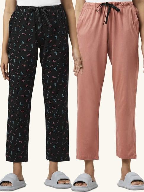 dreamz by pantaloons black & peach cotton printed pyjamas - pack of 2