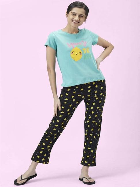 dreamz by pantaloons blue & black cotton printed top pyjamas set