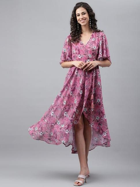 janasya pink printed a-line dress