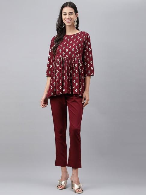 janasya maroon printed tunic pant set