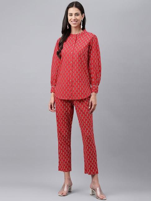 janasya red cotton printed tunic pant set