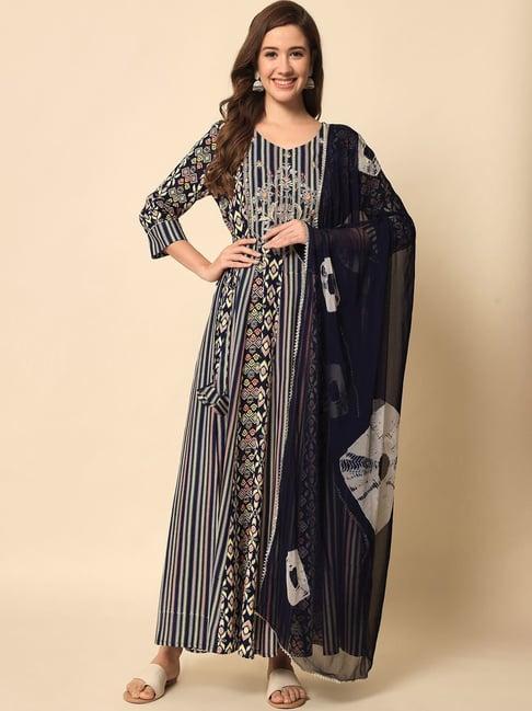 meeranshi navy printed kurta pant set with dupatta