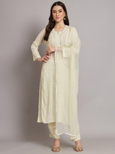 paramount chikan beige embroidered kurta pants set with dupatta