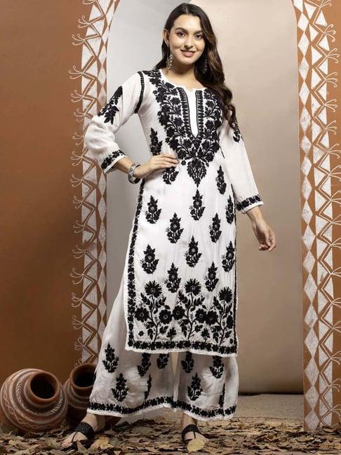 paramount chikan white & black embroidered kurta palazzo set