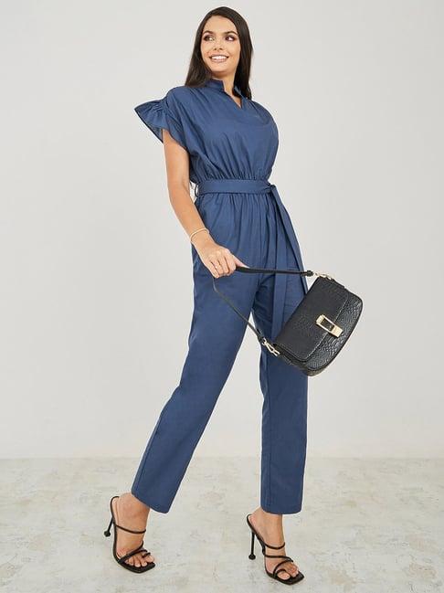 styli blue cotton v neck jumpsuit with belt