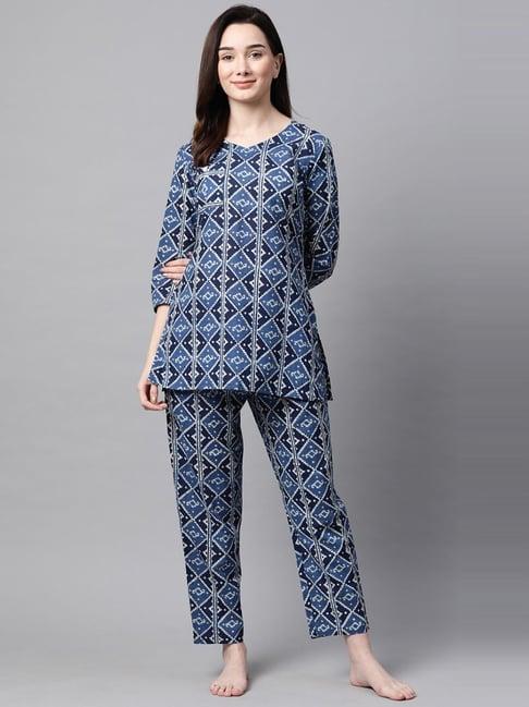 meeranshi blue printed tunic pyjama set