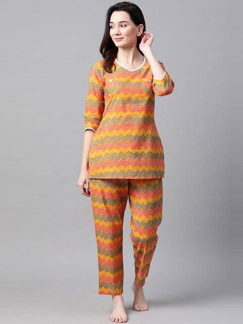 meeranshi mustard printed tunic pyjama set