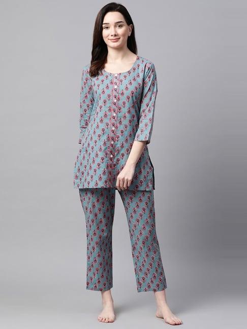 meeranshi blue printed tunic pyjama set