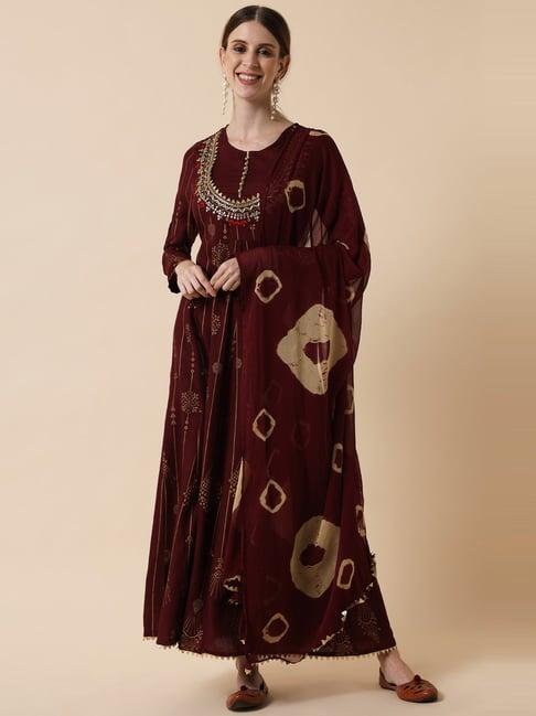 meeranshi maroon embroidered maxi dress with dupatta