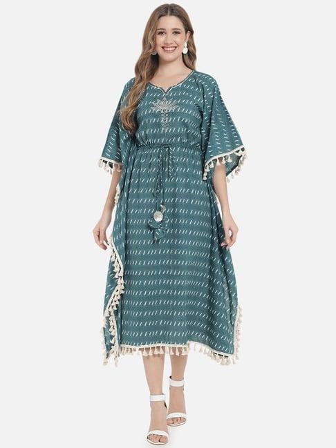 meeranshi green cotton printed a-line kaftan