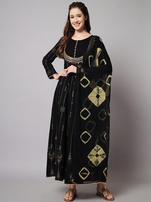 meeranshi black printed maxi dress with dupatta