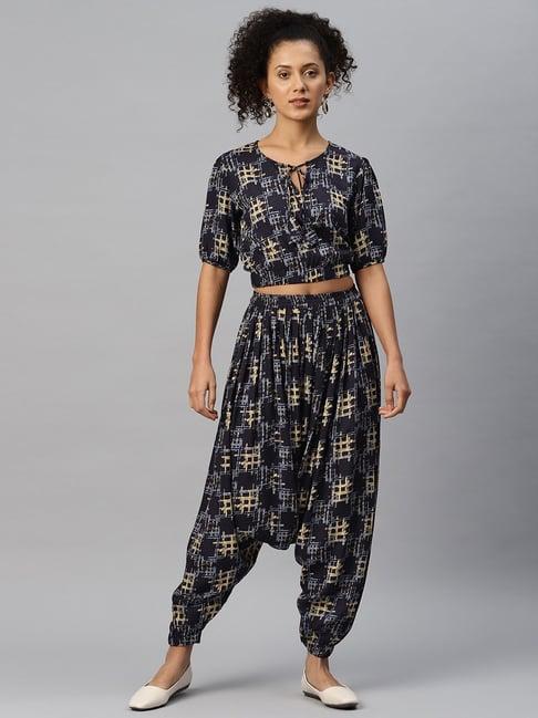 cottinfab navy printed crop rayon top harem pants set