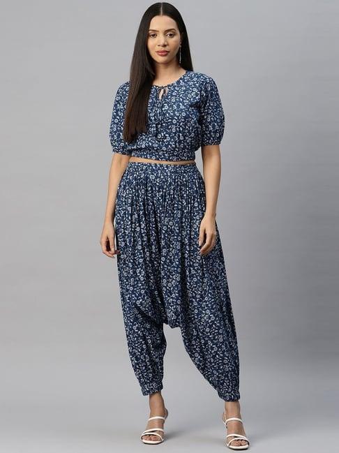 cottinfab navy cotton floral print crop rayon top harem pants set